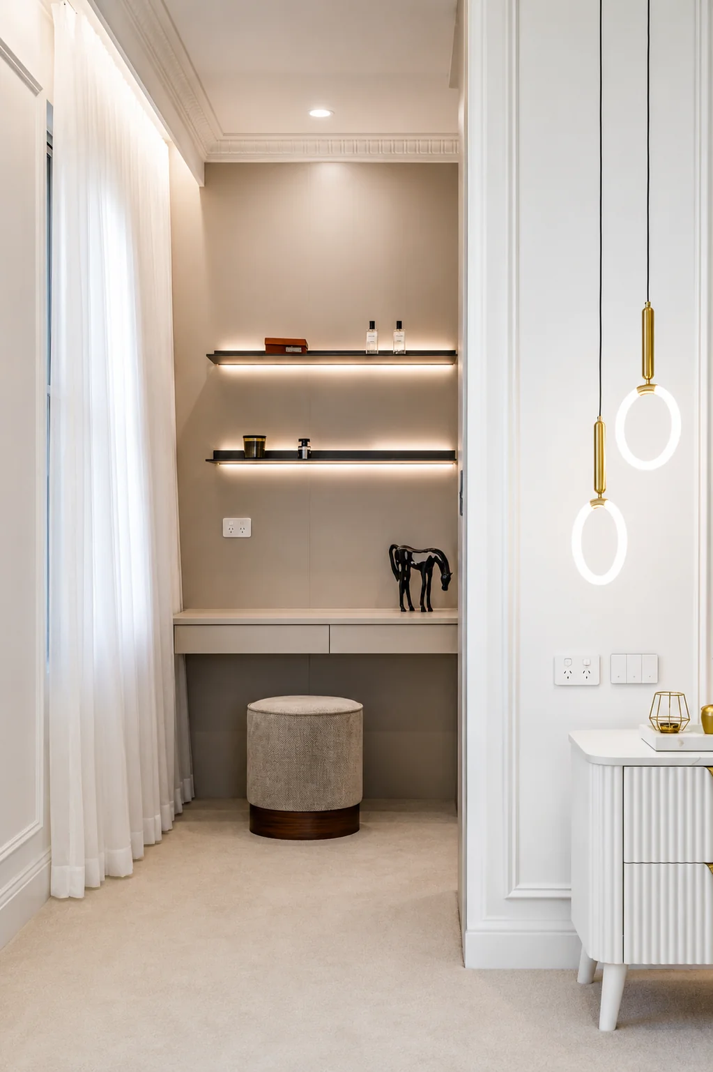Detailed custom dressing space with integrated lighting in Eastwood