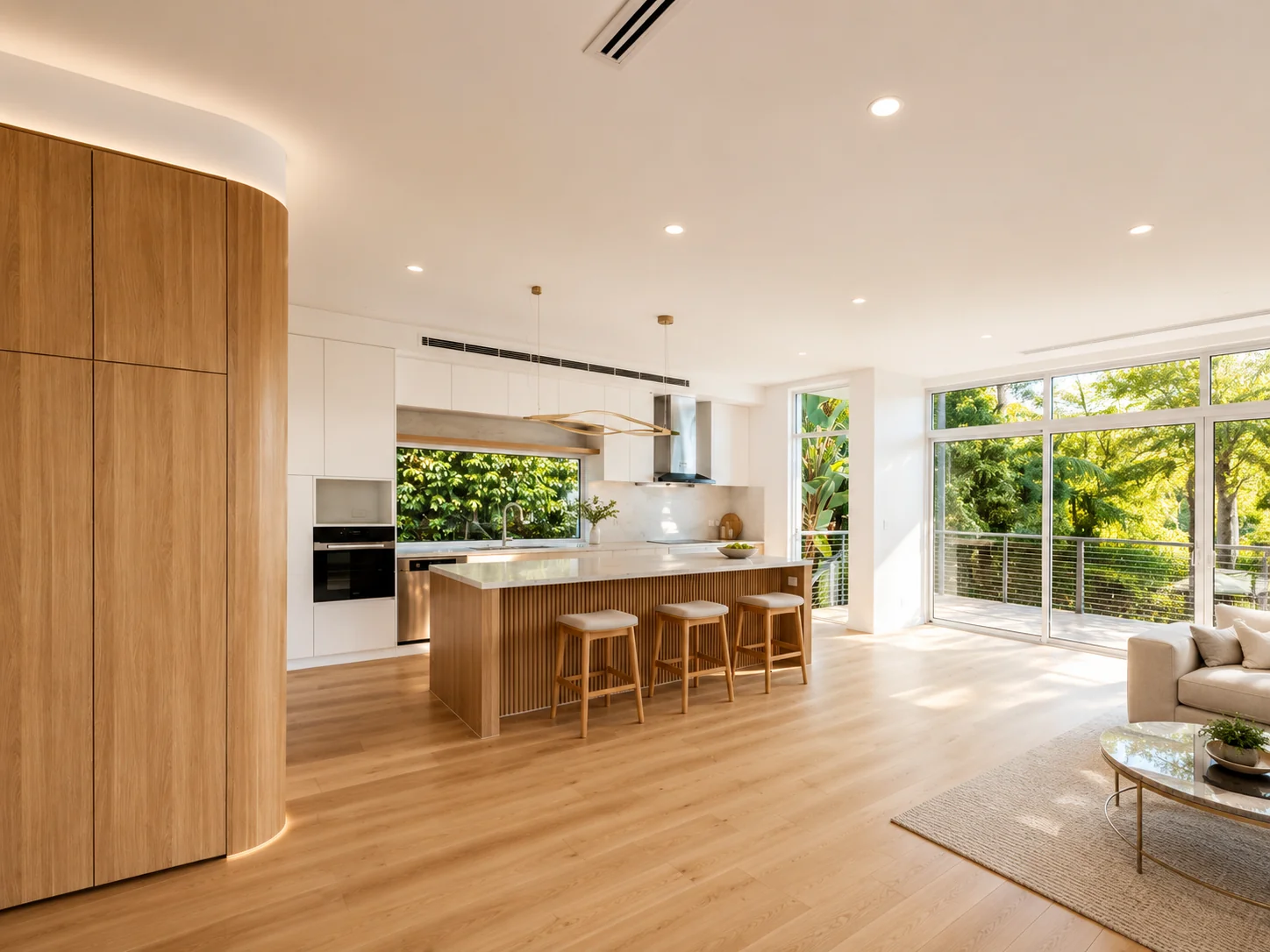 Renovated open-plan kitchen and living space overlooking greenery in Turramurra