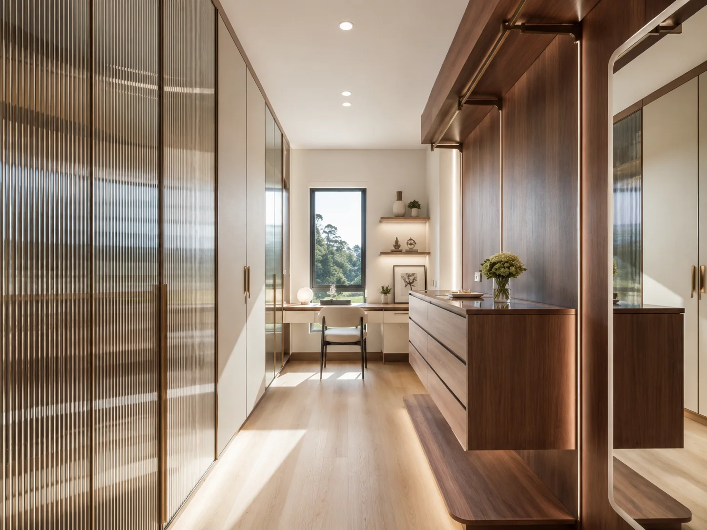 Warm, bespoke dressing room with fine timber joinery