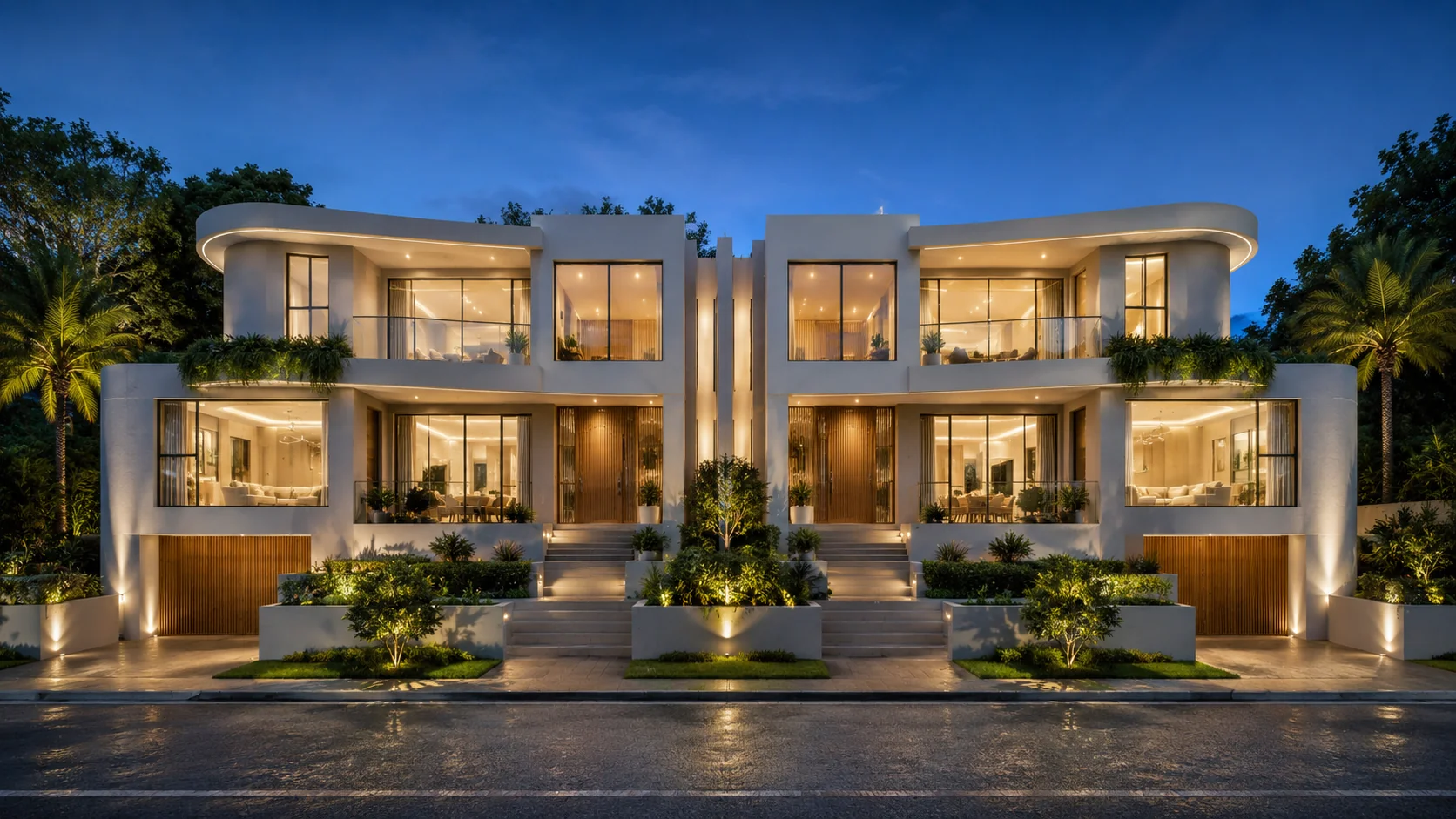 Symmetrical luxury duplex illuminated at dusk