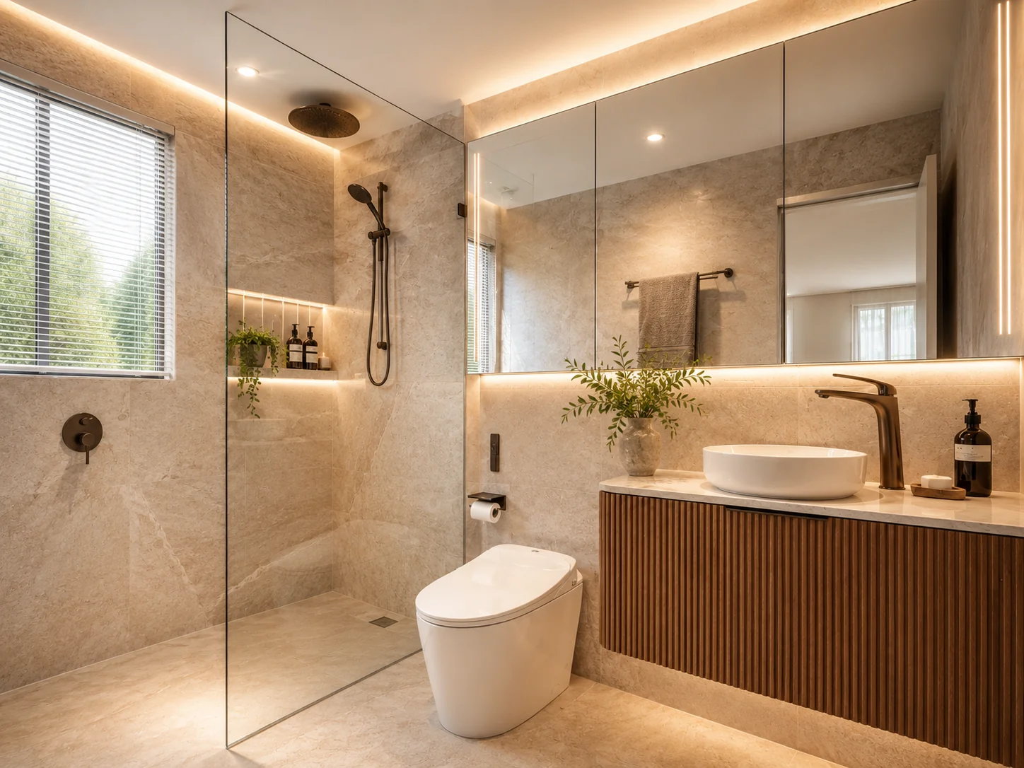 Refined bathroom renovation with warm stone and timber finishes