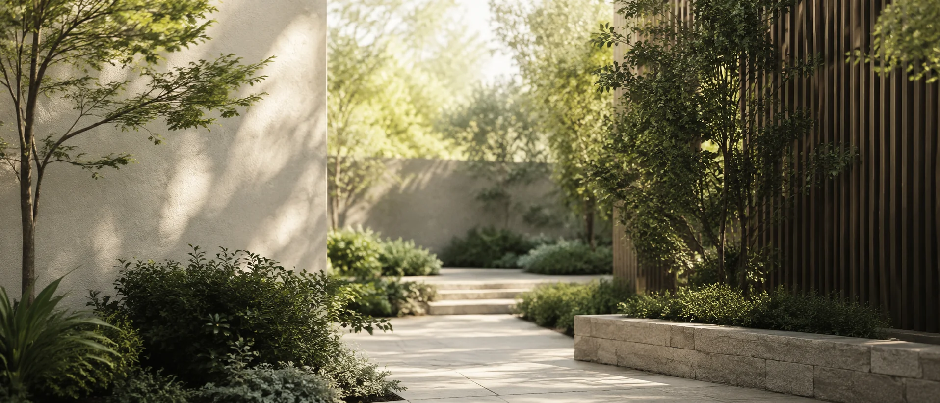 Landscaped architectural walkway framed by trees and timber screening
