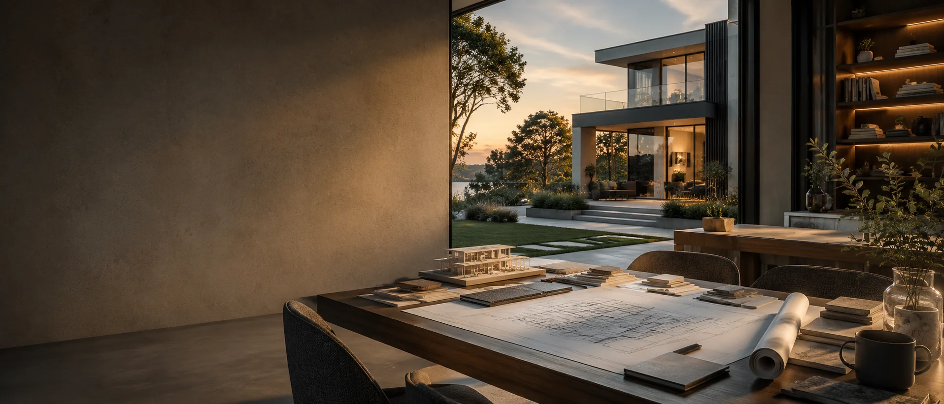 Architectural plans and material selections overlooking a completed residence